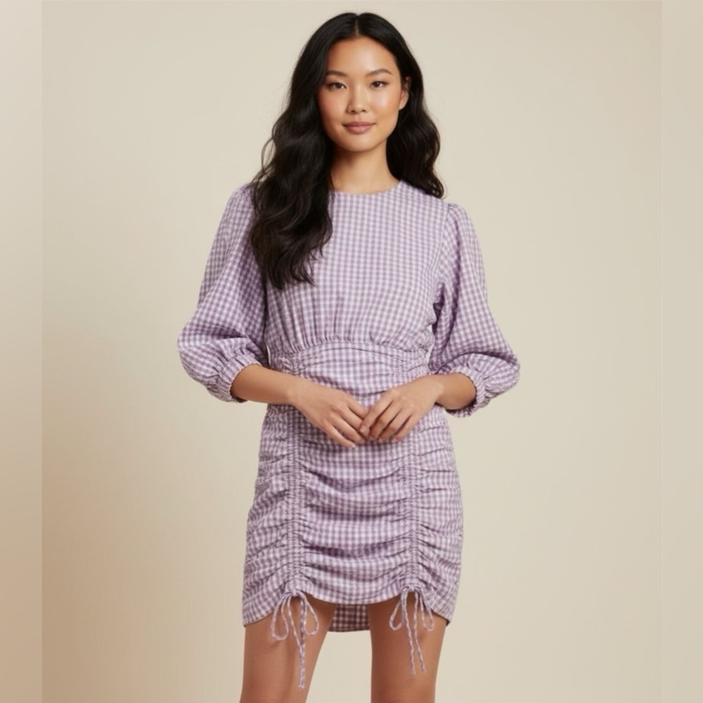 NEW Zara Gingham Checkered Texture Ruched Mini Dress Lilac & White L